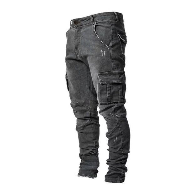 Men Street Elastic Denim Brand Jeans Narrow Legs Multi Pockets Cargo Pants Casual Slim Fit Daily Wear Joggers Mid Waist Trousers