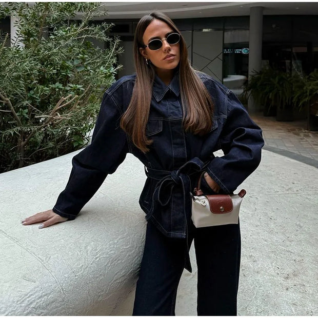 Vintage Belt Denim Jacket Pants Set Women Lapel Single Breasted Jackets Pockets Straight Jeans 2025 Spring Lady Street Outfits