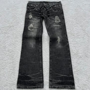 Y2K Washed Jeans Gothic Retro Micro Flared Double Waisted Lace Up Pants Men Women Streetwear High Quality Design Sense Trousers