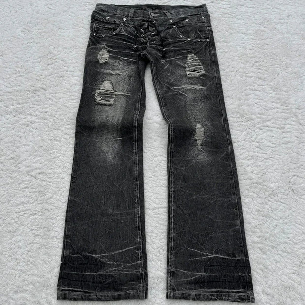 Y2K Washed Jeans Gothic Retro Micro Flared Double Waisted Lace Up Pants Men Women Streetwear High Quality Design Sense Trousers