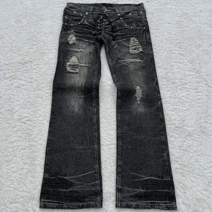 Y2K Washed Jeans Gothic Retro Micro Flared Double Waisted Lace Up Pants Men Women Streetwear High Quality Design Sense Trousers