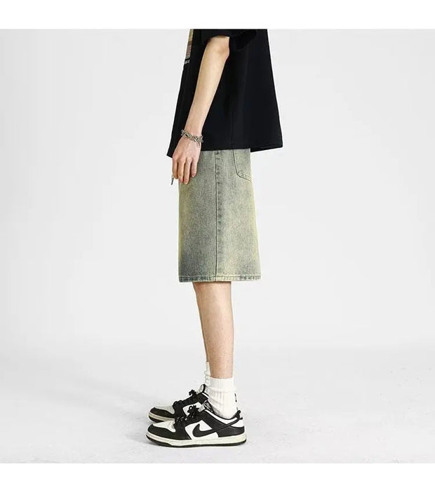 Men's denim shorts, men's 2025 summer thin style retro loose American fashion brand casual five inch mid length pants