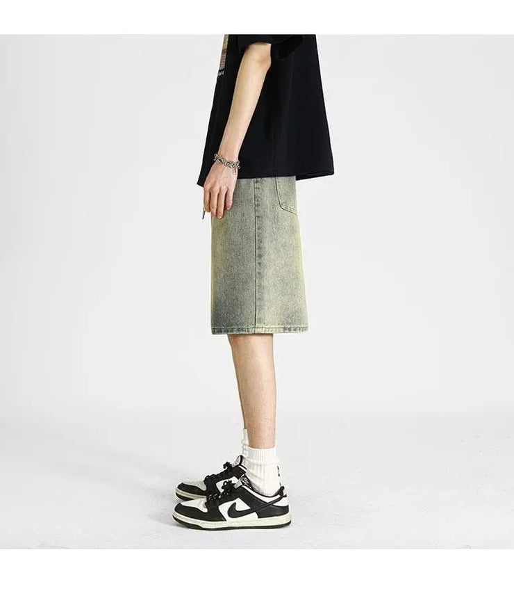 Men's denim shorts, men's 2025 summer thin style retro loose American fashion brand casual five inch mid length pants