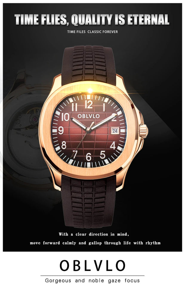 OBLVLO Trend Luxury Rose Gold Diamond Date Mechanical Automatic Watches For Men Blue Silicone Strap Waterproof Sport Watch FM-SL