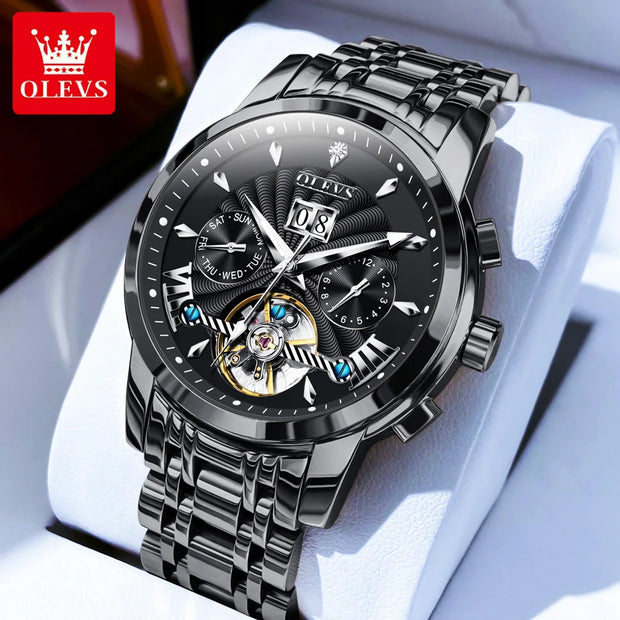 OLEVS 9965 Mens Watch Classic Hollow Out Automatic Mechanical Watch Original Movement Waterproof Luminous Calendar Year Moon