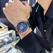Luxury Brand Mechanical Watch for Men Rotating Star Dial Fashion Rainbow Case Automatic Watches Genuine Leather Strap Wristwatch
