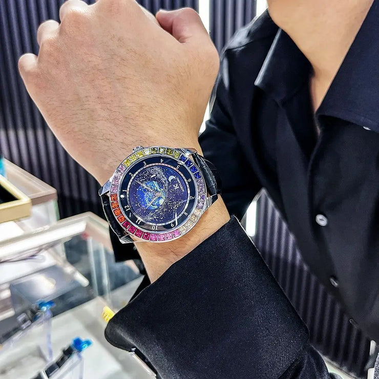 Luxury Brand Mechanical Watch for Men Rotating Star Dial Fashion Rainbow Case Automatic Watches Genuine Leather Strap Wristwatch