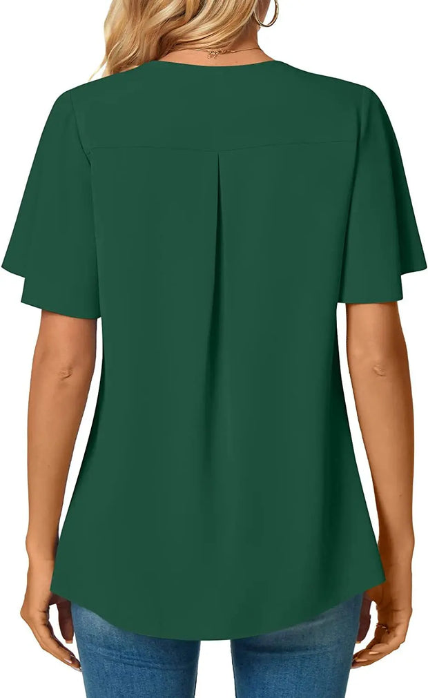 Elegant Women's Top Blouse Flower 2023 Summer Fashion Simplicity Short Sleeve Solid V-Neck Commuter Office Female Shirt S-XXL