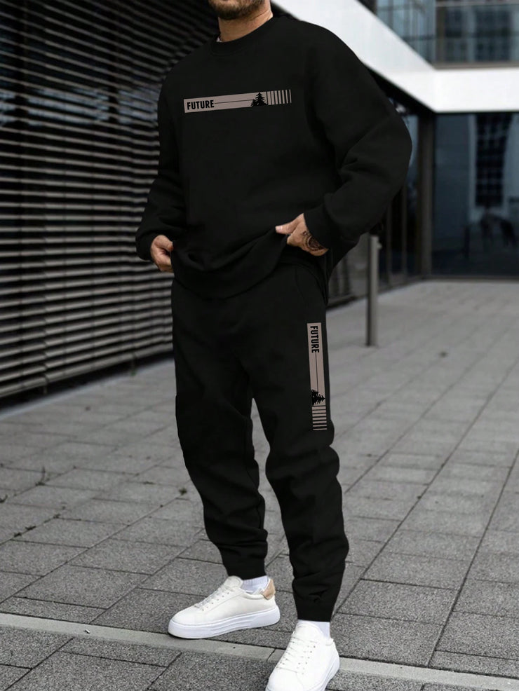 Men's Autumn and Winter Set With Future Print Casual Long Sleeve Pants Two-pieces Suit Comfortable Sportswear Suit Crew Neck