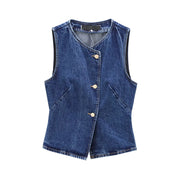 TRAF 2024 Women's Short Vest Autumn Fashion Blue Denim Vest Top Lady Casual Cropped Sleeveless Jacket Streetwear New Waistcoats