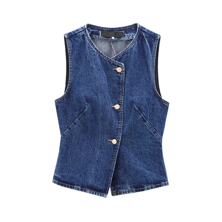 TRAF 2024 Women's Short Vest Autumn Fashion Blue Denim Vest Top Lady Casual Cropped Sleeveless Jacket Streetwear New Waistcoats
