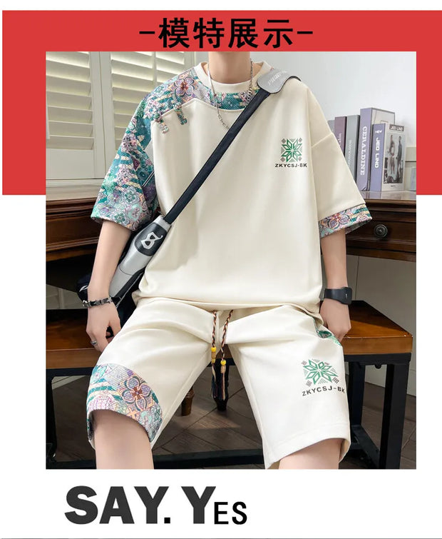 Summer Men's  Sets Mens Trend Casual Tracksuit Print Short Sleeve T-shirt+shorts Two Pieces Suit Mens Sportswear set