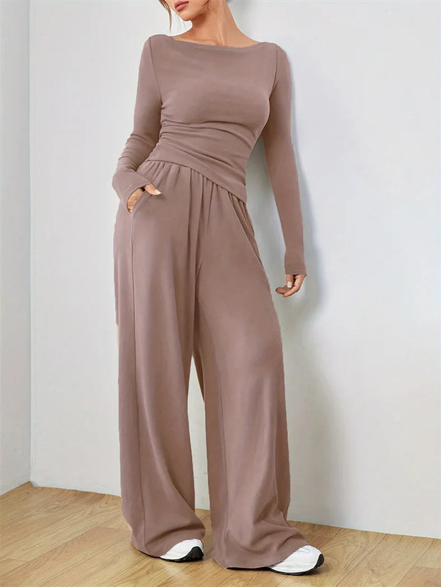 Women's Two-piece Wide Leg Pants Fashion Set Irregular Short Top Women's Clothing Yoga Exercise Set Спортивный Костюм Женский
