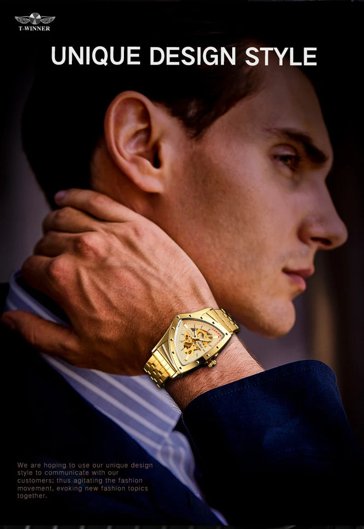Winner Military Triangle Steel Skeleton Automatic Movement Man Watch Sports Mechanical Watches Luxury Waterproof Silicone Strap