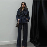 Vintage Belt Denim Jacket Pants Set Women Lapel Single Breasted Jackets Pockets Straight Jeans 2025 Spring Lady Street Outfits