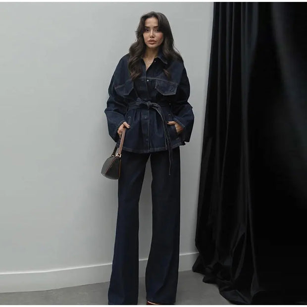 Vintage Belt Denim Jacket Pants Set Women Lapel Single Breasted Jackets Pockets Straight Jeans 2025 Spring Lady Street Outfits