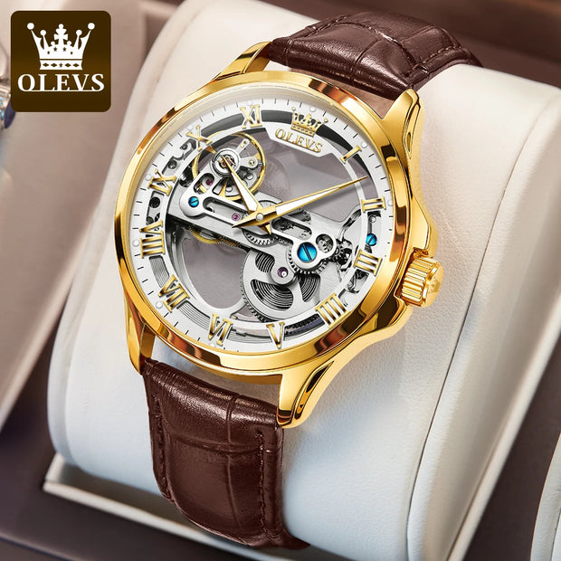 OLEVS 6661 Fully Hollow Automatic Man Watch Fashion Leather Strap Waterproof Luminous Hand Clock Men's Mechanical Wristwatches