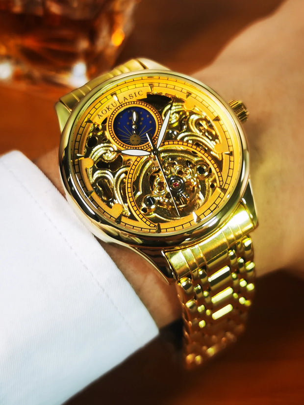 Gold  Vintage Moon Phase Automatic Watch for Men Tourbillon Skeleton Luminous Hands Luxury Brand Mechanical Watches Steel Strap