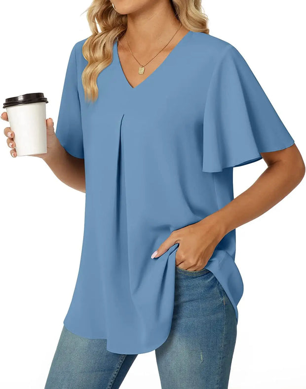 Elegant Women's Top Blouse Flower 2023 Summer Fashion Simplicity Short Sleeve Solid V-Neck Commuter Office Female Shirt S-XXL