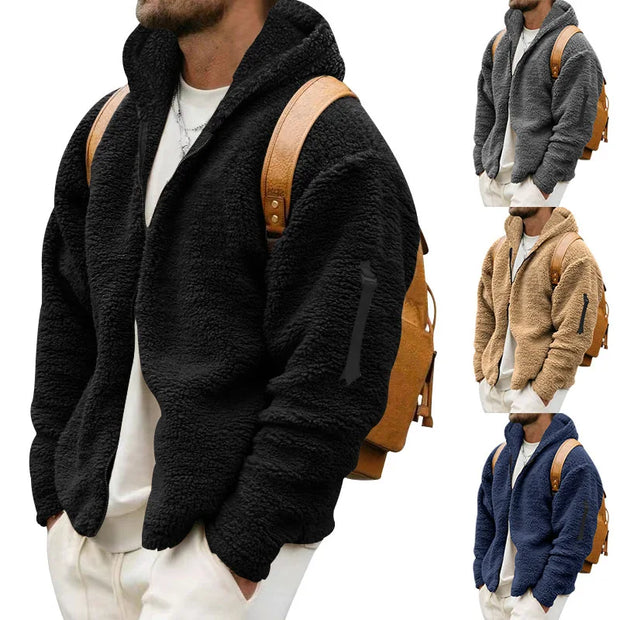 2025 Men's Casual Double-sided Plush Warm Jacket Autumn Winter Thick Wool Coats Solid Hooded Fleece Hoodies Loose Men Clothing