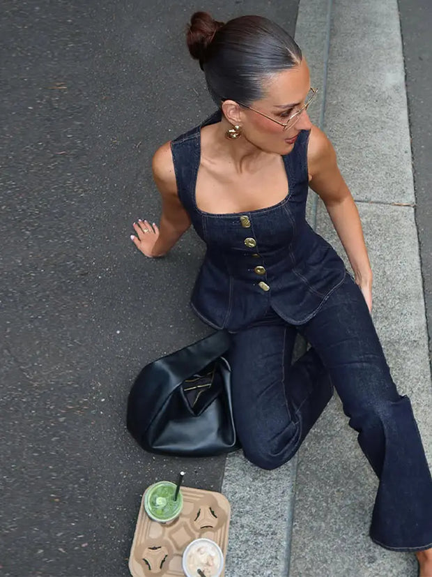 Vintage Women's Denim Sleeveless Set Crop Top With Chic Buttons Matching High Waist Slim Fit Jeans Casual Streetwear Outfits