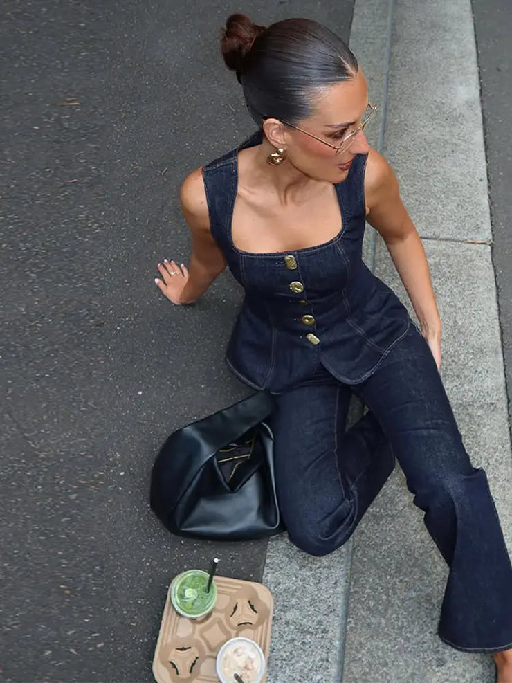 Vintage Women's Denim Sleeveless Set Crop Top With Chic Buttons Matching High Waist Slim Fit Jeans Casual Streetwear Outfits