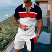 Men's Summer suit  Polo Tracksuit Set  Men Short Sleeve Zipper Polo t-Shirt and Shorts Set  2 Piece Suit  for boy with shorts
