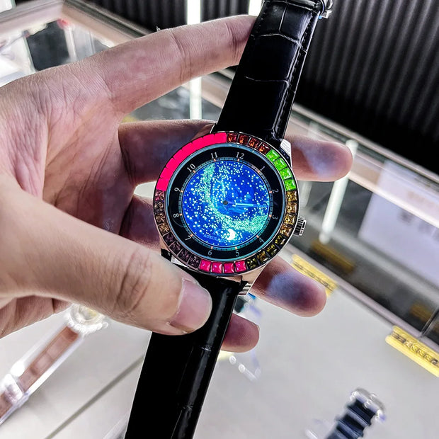 Luxury Brand Mechanical Watch for Men Rotating Star Dial Fashion Rainbow Case Automatic Watches Genuine Leather Strap Wristwatch
