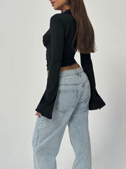 Women Fall Tops  Lace Trim Deep V Neck Bell Sleeve Crop Shirt Casual Streetwear