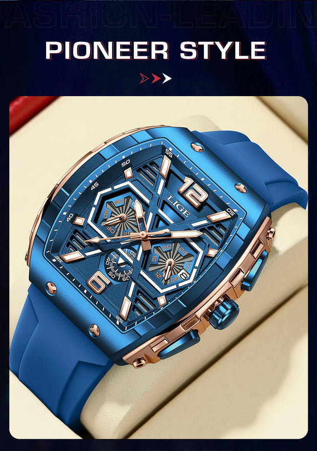 LIGE Mens Watches Top Brand Luxury Square Silicone Watch For Men Fashion Military Quartz Waterproof Chronograph Montre Homme