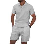 Men's Summer Sports Solid-Color Set, Quarter-Zipper Set, 2-Piece Beach Vacation Set, Men's Fashionable Casual Workwear Set.