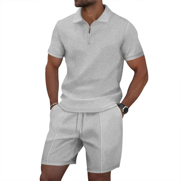 Men's Summer Sports Solid-Color Set, Quarter-Zipper Set, 2-Piece Beach Vacation Set, Men's Fashionable Casual Workwear Set.