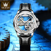 OLEVS 6661 Fully Hollow Automatic Man Watch Fashion Leather Strap Waterproof Luminous Hand Clock Men's Mechanical Wristwatches
