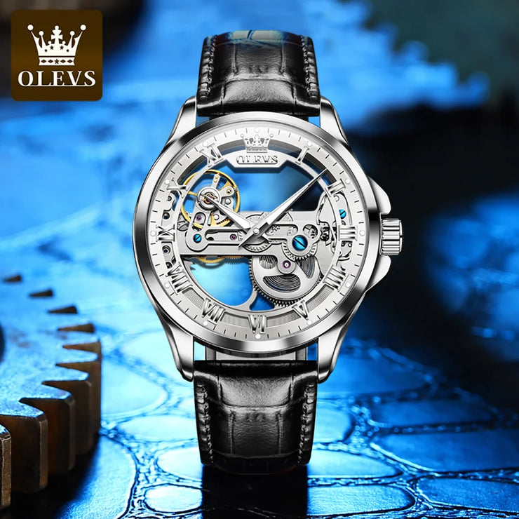 OLEVS 6661 Fully Hollow Automatic Man Watch Fashion Leather Strap Waterproof Luminous Hand Clock Men's Mechanical Wristwatches