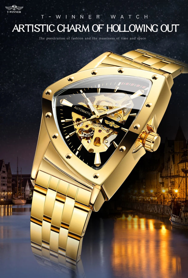 Winner Military Triangle Steel Skeleton Automatic Movement Man Watch Sports Mechanical Watches Luxury Waterproof Silicone Strap