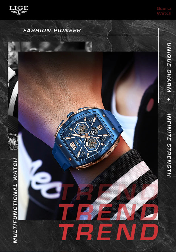 LIGE Mens Watches Top Brand Luxury Square Silicone Watch For Men Fashion Military Quartz Waterproof Chronograph Montre Homme