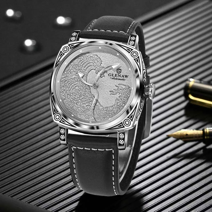 GLENAW  Mechanical Wristwatch Watches Men Surfing Sailboat Pointer Luminous Transparent Skeleton Mechanical Leather Male Clock