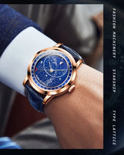 OLEVS Original Men's Automatic Mechanical Watch Fashion Business Leather Strap Luxury Diamond Starry Sky Moon Phase Men's Watch
