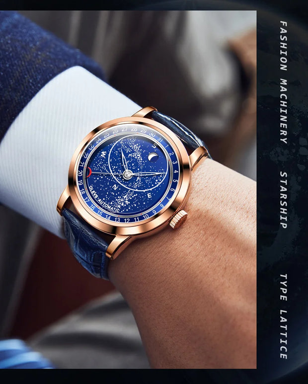 OLEVS Original Men's Automatic Mechanical Watch Fashion Business Leather Strap Luxury Diamond Starry Sky Moon Phase Men's Watch