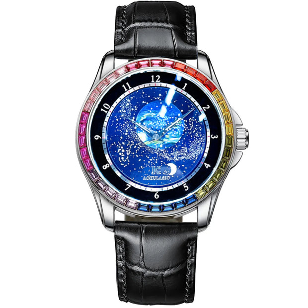 Luxury Brand Mechanical Watch for Men Rotating Star Dial Fashion Rainbow Case Automatic Watches Genuine Leather Strap Wristwatch
