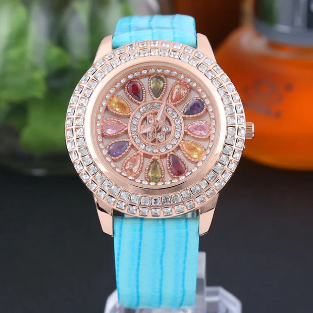 Korean Ladies Watch Colorful Rhinestones Dashi Dial Quartz Watch Casual Leather Ladies Clock Gift Relogio Feminino