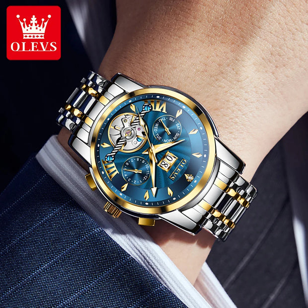 OLEVS 9965 Mens Watch Classic Hollow Out Automatic Mechanical Watch Original Movement Waterproof Luminous Calendar Year Moon
