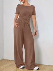 Women's Two-piece Wide Leg Pants Fashion Set Irregular Short Top Women's Clothing Yoga Exercise Set Спортивный Костюм Женский