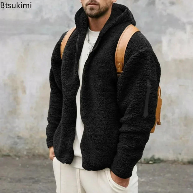 2025 Men's Casual Double-sided Plush Warm Jacket Autumn Winter Thick Wool Coats Solid Hooded Fleece Hoodies Loose Men Clothing