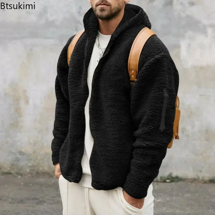 2025 Men's Casual Double-sided Plush Warm Jacket Autumn Winter Thick Wool Coats Solid Hooded Fleece Hoodies Loose Men Clothing