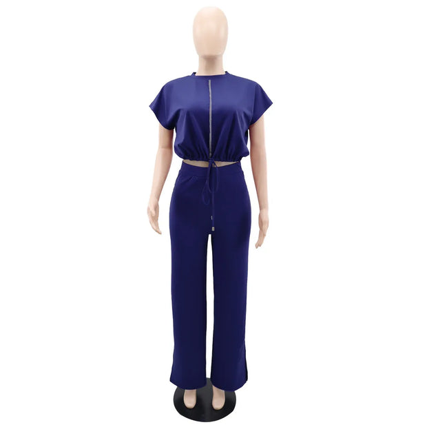 Women Casual Round Neck Drawstring Short Sleeve Top & High Waist Pants Set Summer Solid Two Piece Suit Sets Outfits Set Female