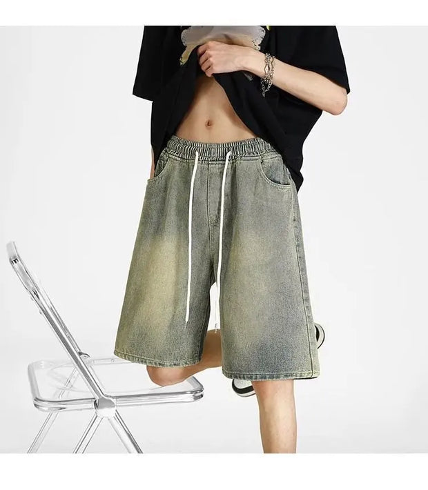 Men's denim shorts, men's 2025 summer thin style retro loose American fashion brand casual five inch mid length pants