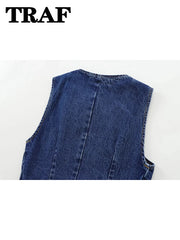 TRAF 2024 Women's Short Vest Autumn Fashion Blue Denim Vest Top Lady Casual Cropped Sleeveless Jacket Streetwear New Waistcoats