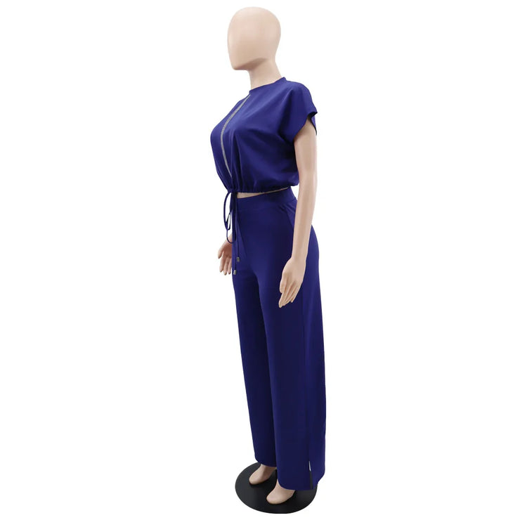 Women Casual Round Neck Drawstring Short Sleeve Top & High Waist Pants Set Summer Solid Two Piece Suit Sets Outfits Set Female