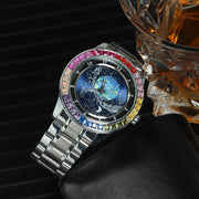 Luxury Brand Mechanical Watch for Men Rotating Star Dial Fashion Rainbow Case Automatic Watches Genuine Leather Strap Wristwatch